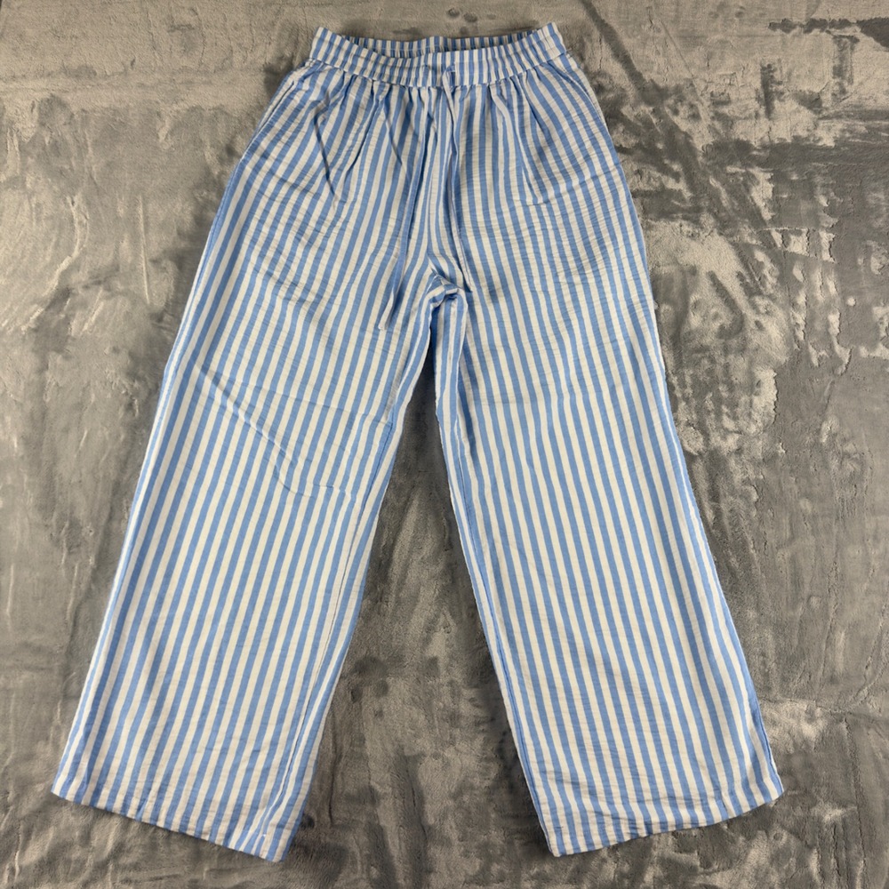 PrettyGarden Blue White Striped Wide Leg Pants Small Elastic Waist Pockets